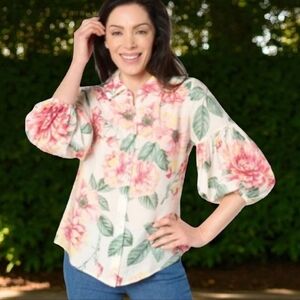 Lawrence Zarian White Pink/ Green Floral Puff Sleeves Blouse Button Up Sz 1X